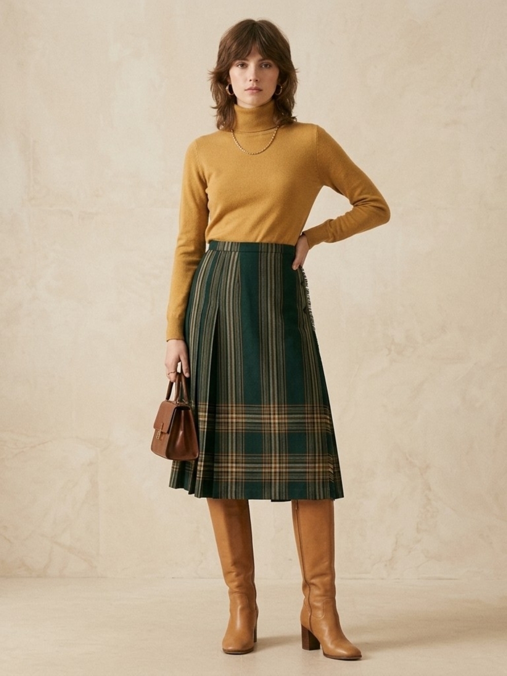Vintage Aljean Tartan Wool Plaid Kilt Wrap Skirt Green Midi Size 14